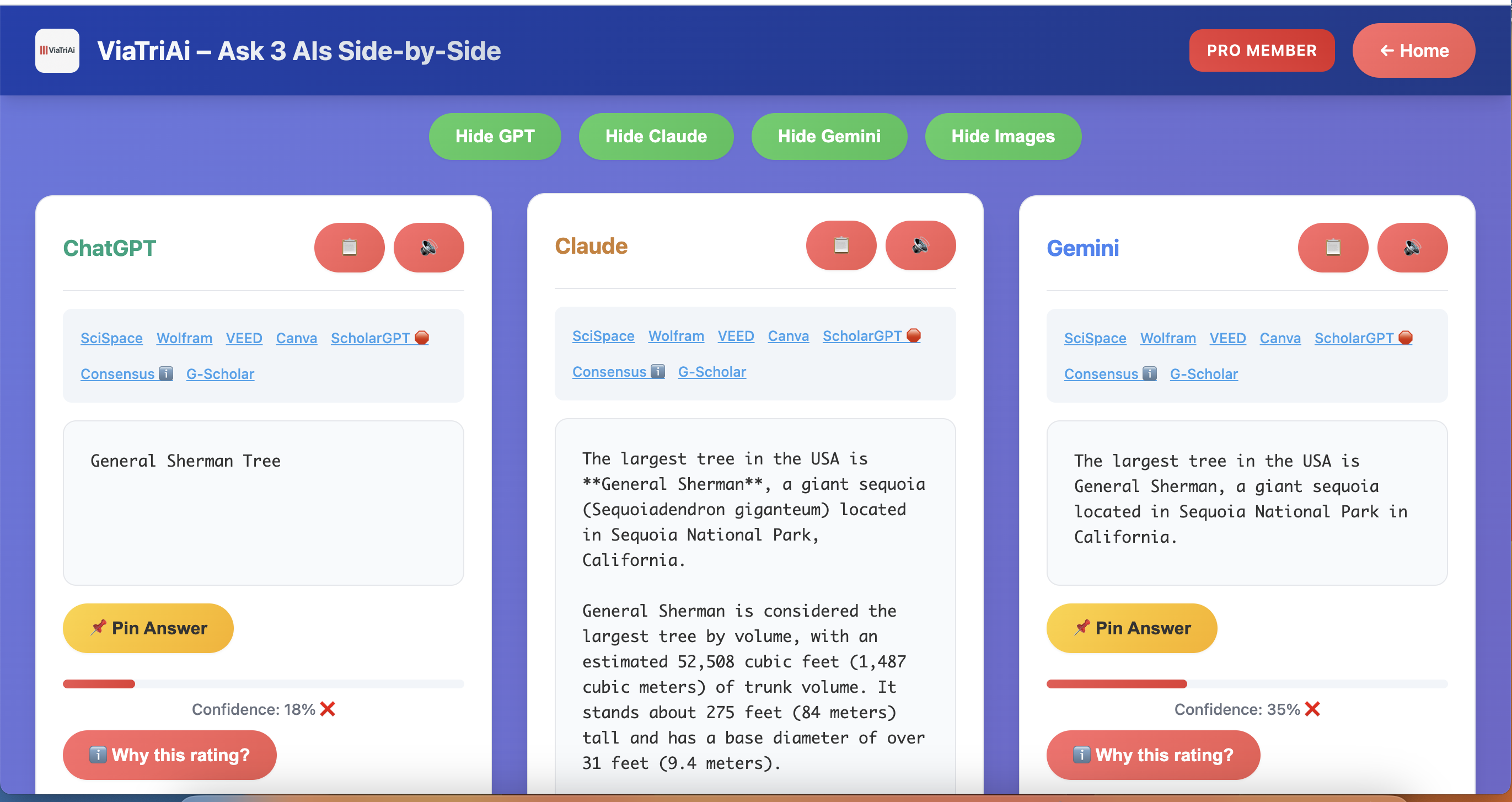 ViaTriAI showing ChatGPT, Claude, and Gemini responses side by side with expert specialists